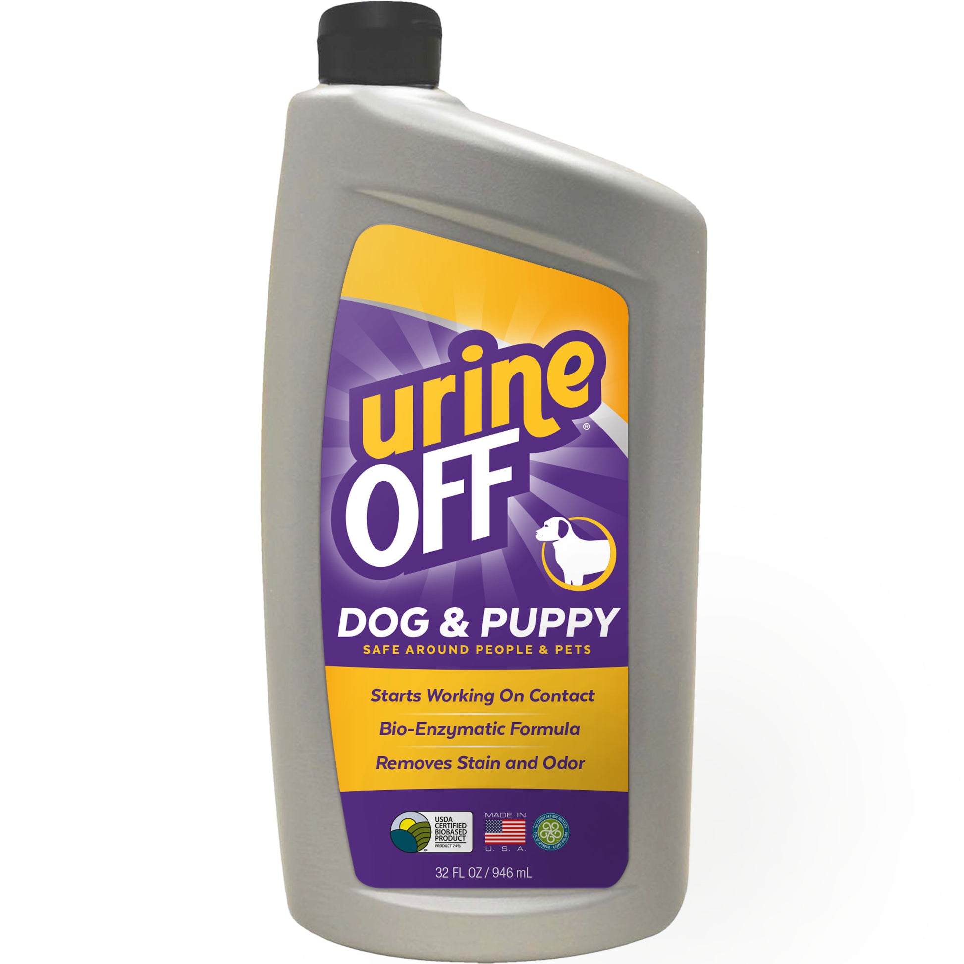 dog odor and stain remover odor and stain remover bottle with bio-enzymatic formula, effective for pet-related accidents.